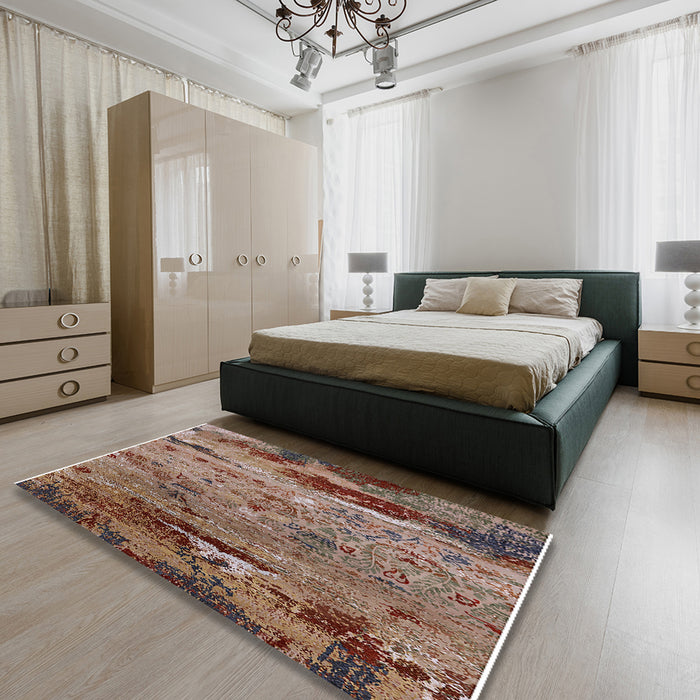 Mid-Century Modern Camel Brown Oriental Rug in a Bedroom, urb2620