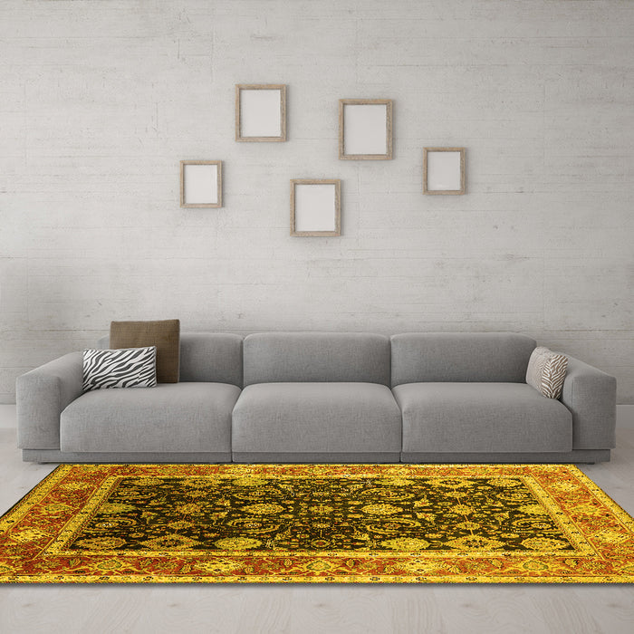 Machine Washable Oriental Yellow Industrial Rug in a Living Room, wshurb2621yw