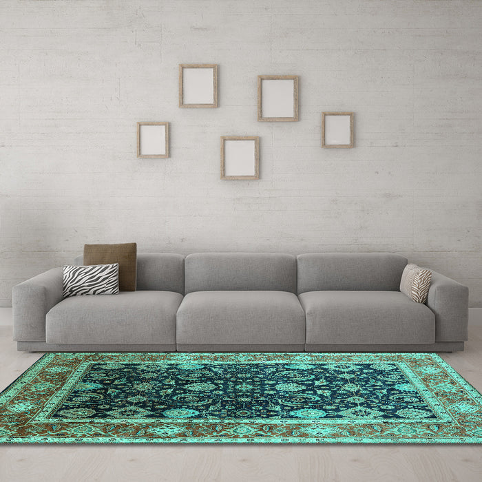 Machine Washable Oriental Turquoise Industrial Area Rugs in a Living Room,, wshurb2621turq