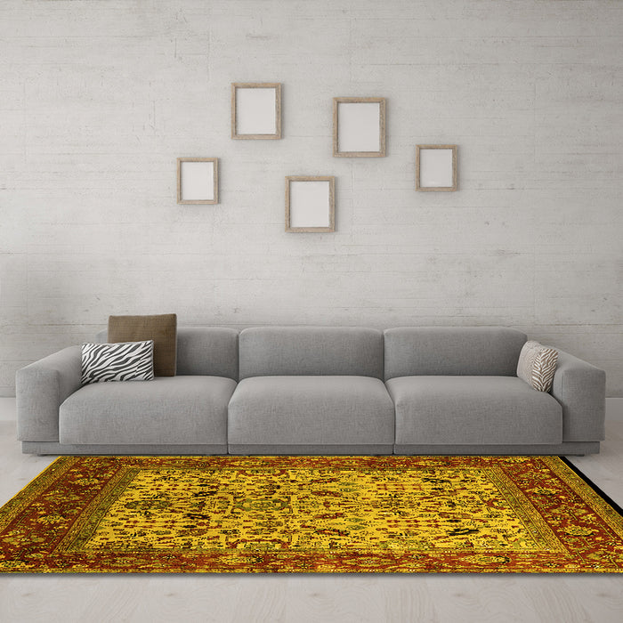 Machine Washable Oriental Yellow Industrial Rug in a Living Room, wshurb2622yw
