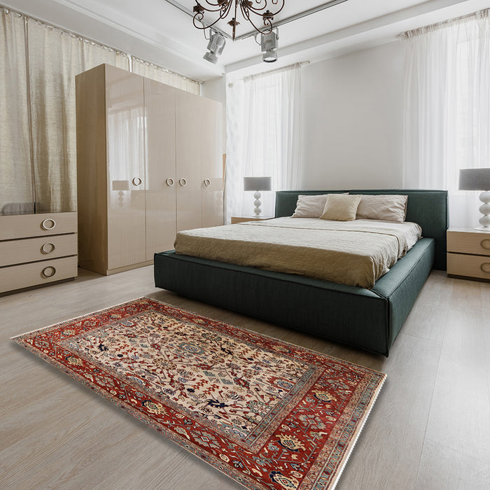 Mid-Century Modern Camel Brown Oriental Rug in a Bedroom, urb2622
