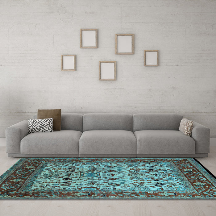 Machine Washable Oriental Light Blue Industrial Rug in a Living Room, wshurb2622lblu