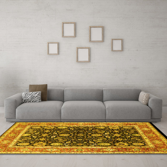 Machine Washable Oriental Yellow Industrial Rug in a Living Room, wshurb2623yw