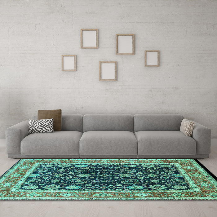 Machine Washable Oriental Turquoise Industrial Area Rugs in a Living Room,, wshurb2623turq