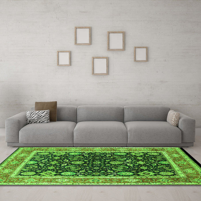 Machine Washable Oriental Green Industrial Area Rugs in a Living Room,, wshurb2623grn