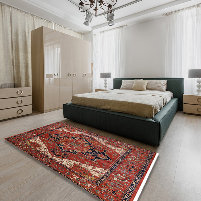 Mid-Century Modern Dark Almond Brown Persian Rug in a Bedroom, urb2624