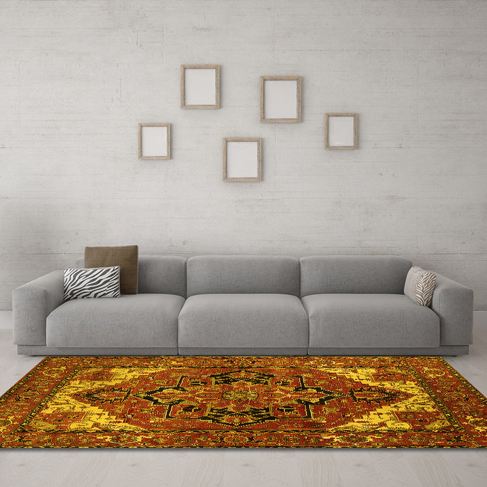 Machine Washable Persian Yellow Traditional Rug in a Living Room, wshurb2624yw