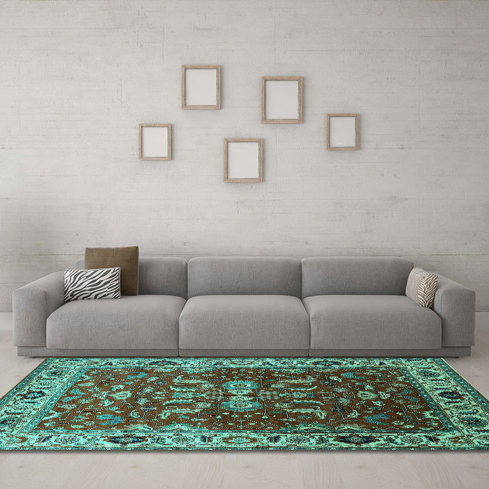 Machine Washable Oriental Turquoise Industrial Area Rugs in a Living Room,, wshurb2625turq