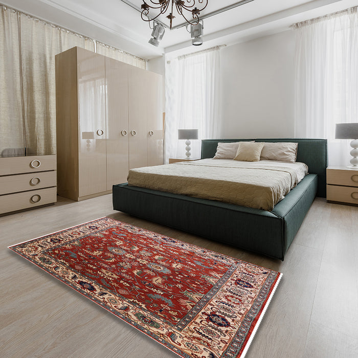 Mid-Century Modern Red Oriental Rug in a Bedroom, urb2625