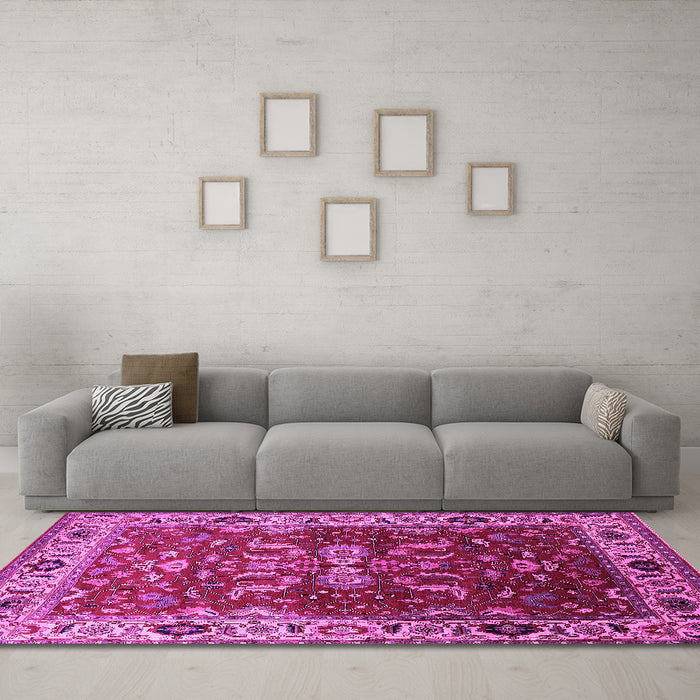Machine Washable Oriental Pink Industrial Rug in a Living Room, wshurb2625pnk