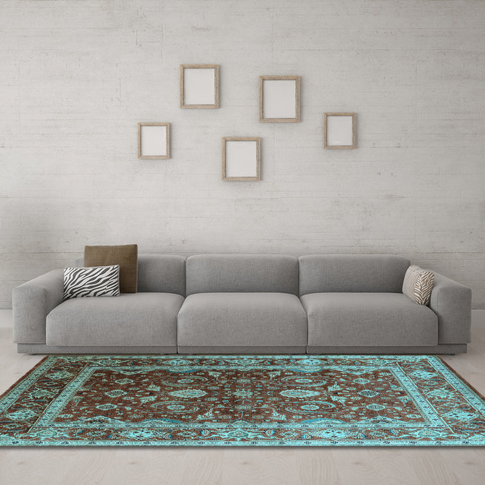 Machine Washable Oriental Light Blue Industrial Rug in a Living Room, wshurb2626lblu
