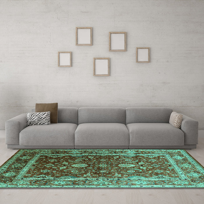 Machine Washable Oriental Turquoise Industrial Area Rugs in a Living Room,, wshurb2626turq