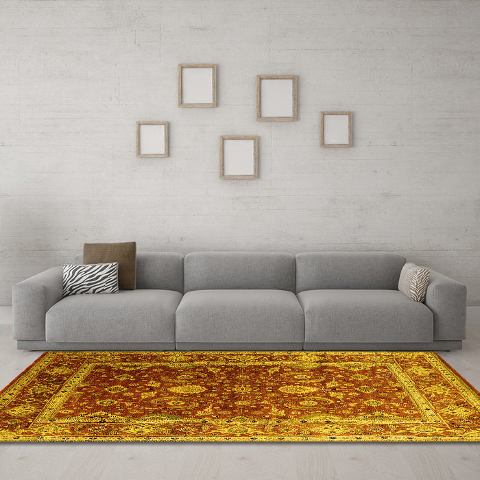 Machine Washable Oriental Yellow Industrial Rug in a Living Room, wshurb2626yw
