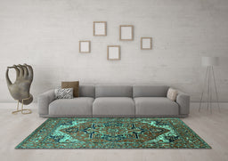 Machine Washable Oriental Turquoise Industrial Area Rugs in a Living Room,, wshurb2629turq