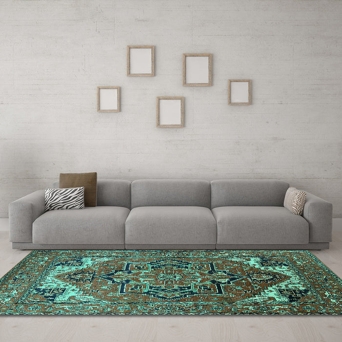 Machine Washable Oriental Turquoise Industrial Area Rugs in a Living Room,, wshurb2629turq