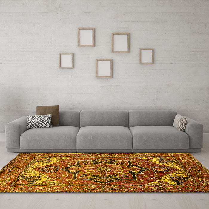 Machine Washable Oriental Yellow Industrial Rug in a Living Room, wshurb2629yw