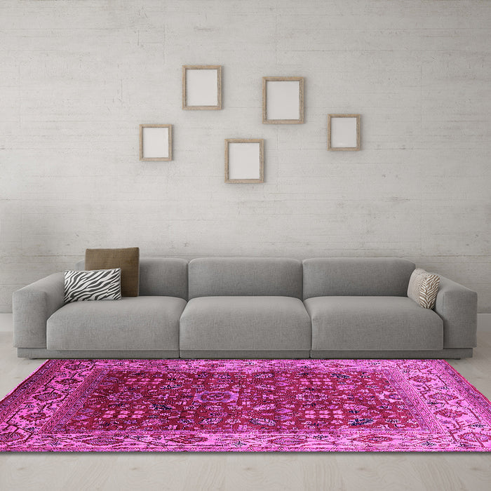 Machine Washable Oriental Pink Traditional Rug in a Living Room, wshurb2630pnk