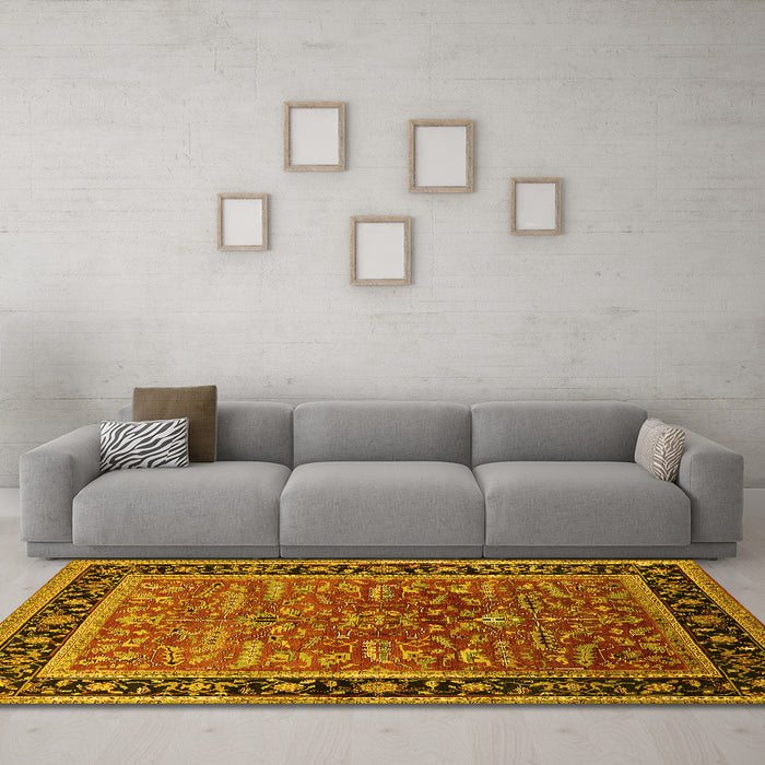 Machine Washable Oriental Yellow Traditional Rug in a Living Room, wshurb2631yw
