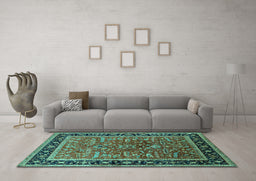 Machine Washable Oriental Turquoise Traditional Area Rugs in a Living Room,, wshurb2631turq