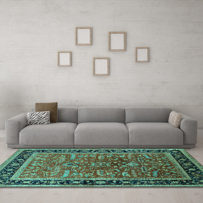 Machine Washable Oriental Turquoise Traditional Area Rugs in a Living Room,, wshurb2631turq