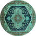 Round Machine Washable Geometric Turquoise Traditional Area Rugs, wshurb2633turq