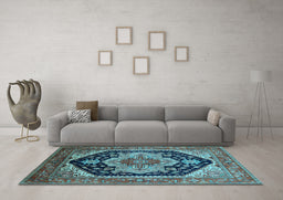 Machine Washable Geometric Light Blue Traditional Rug in a Living Room, wshurb2633lblu
