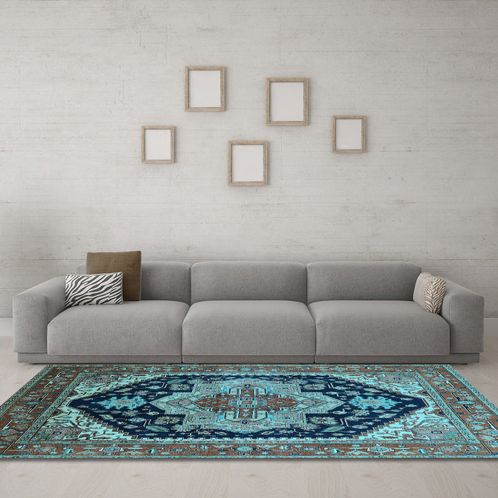 Machine Washable Geometric Light Blue Traditional Rug in a Living Room, wshurb2633lblu