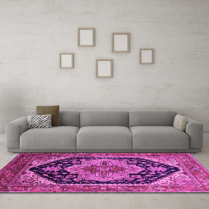 Machine Washable Geometric Pink Traditional Rug in a Living Room, wshurb2633pnk