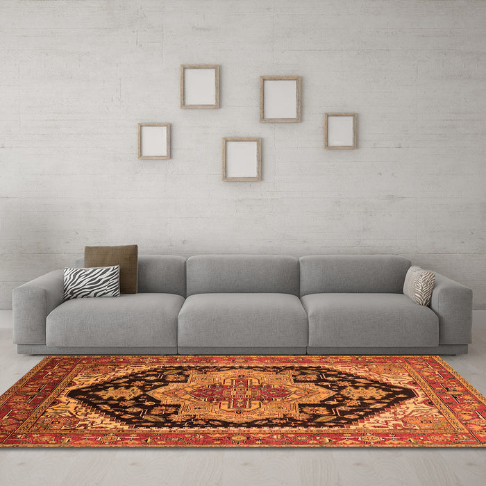 Machine Washable Geometric Orange Traditional Area Rugs in a Living Room, wshurb2633org