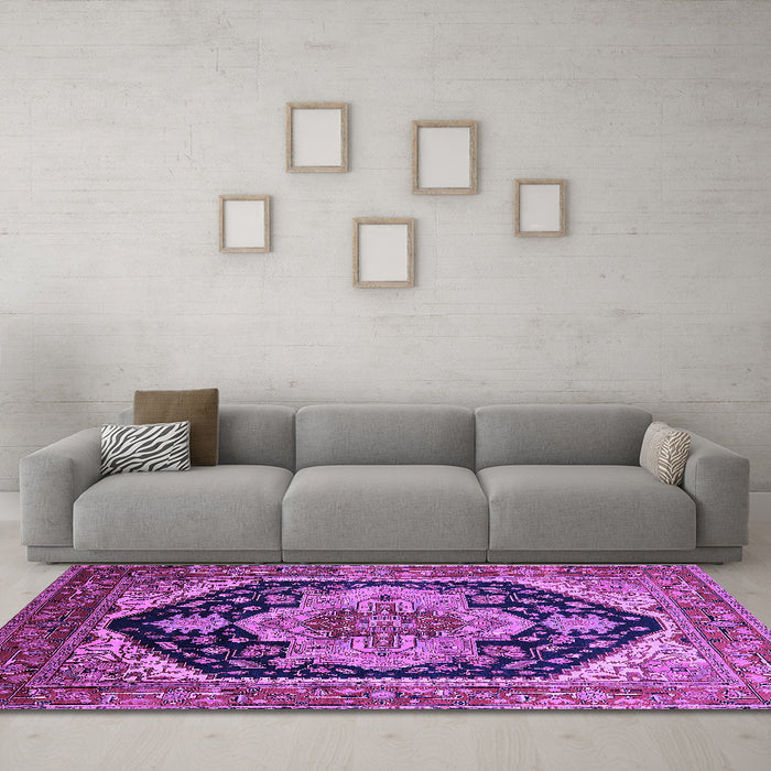 Machine Washable Geometric Purple Traditional Area Rugs in a Living Room, wshurb2633pur