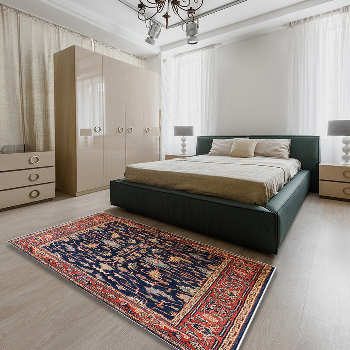 Mid-Century Modern Dark Almond Brown Oriental Rug in a Bedroom, urb2634