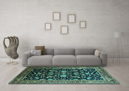 Machine Washable Oriental Turquoise Industrial Area Rugs in a Living Room,, wshurb2634turq