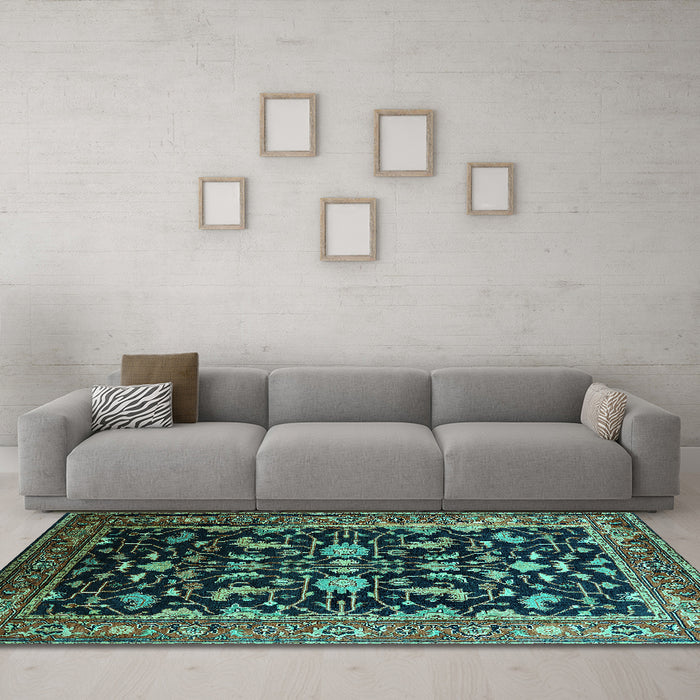 Machine Washable Oriental Turquoise Industrial Area Rugs in a Living Room,, wshurb2634turq