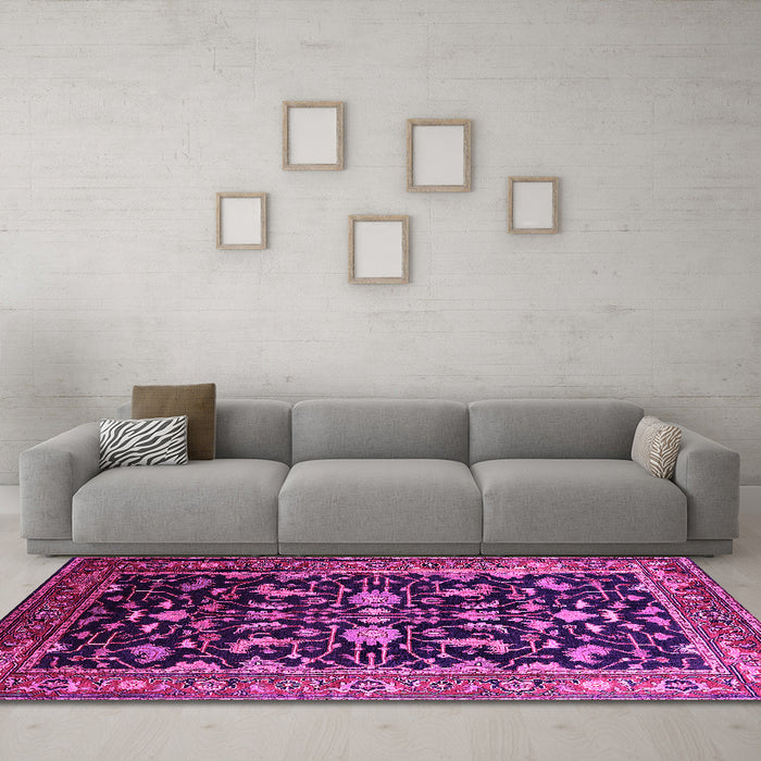Machine Washable Oriental Pink Industrial Rug in a Living Room, wshurb2634pnk