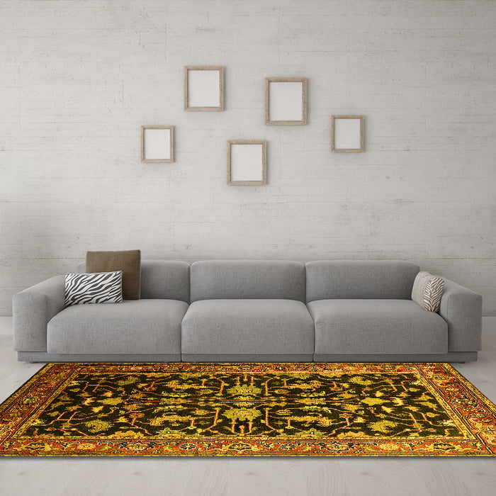 Machine Washable Oriental Yellow Industrial Rug in a Living Room, wshurb2634yw