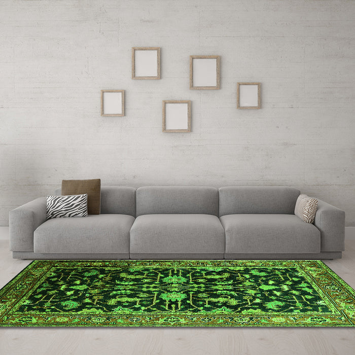 Machine Washable Oriental Green Industrial Area Rugs in a Living Room,, wshurb2634grn