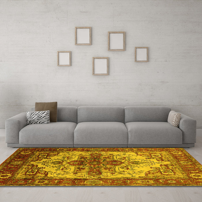 Machine Washable Persian Yellow Traditional Rug in a Living Room, wshurb2635yw