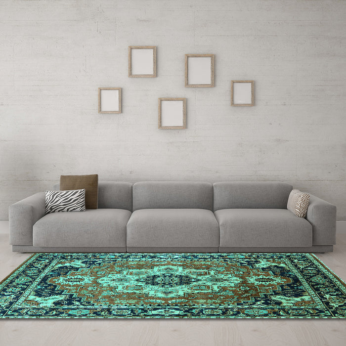 Machine Washable Persian Turquoise Traditional Area Rugs in a Living Room,, wshurb2636turq