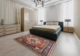 Mid-Century Modern Camel Brown Persian Rug in a Bedroom, urb2636