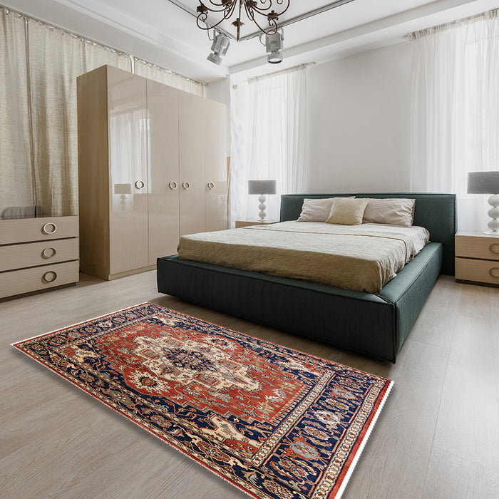 Mid-Century Modern Camel Brown Persian Rug in a Bedroom, urb2636
