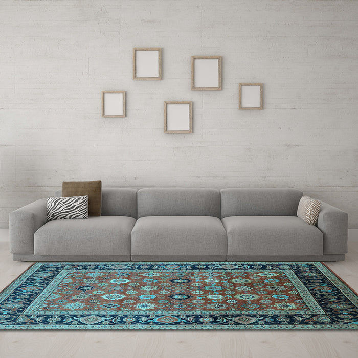 Machine Washable Oriental Light Blue Industrial Rug in a Living Room, wshurb2637lblu