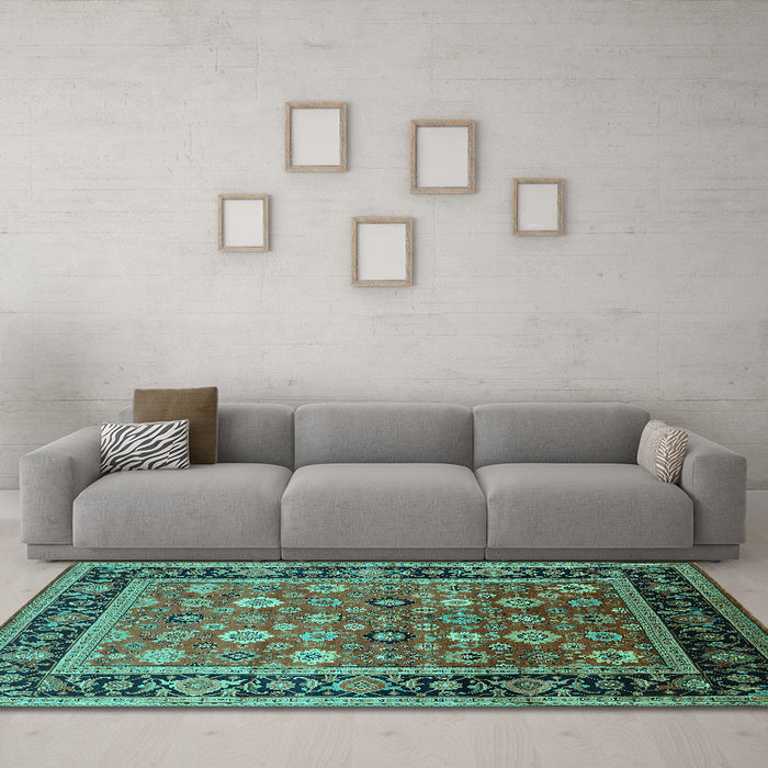 Machine Washable Oriental Turquoise Industrial Area Rugs in a Living Room,, wshurb2637turq