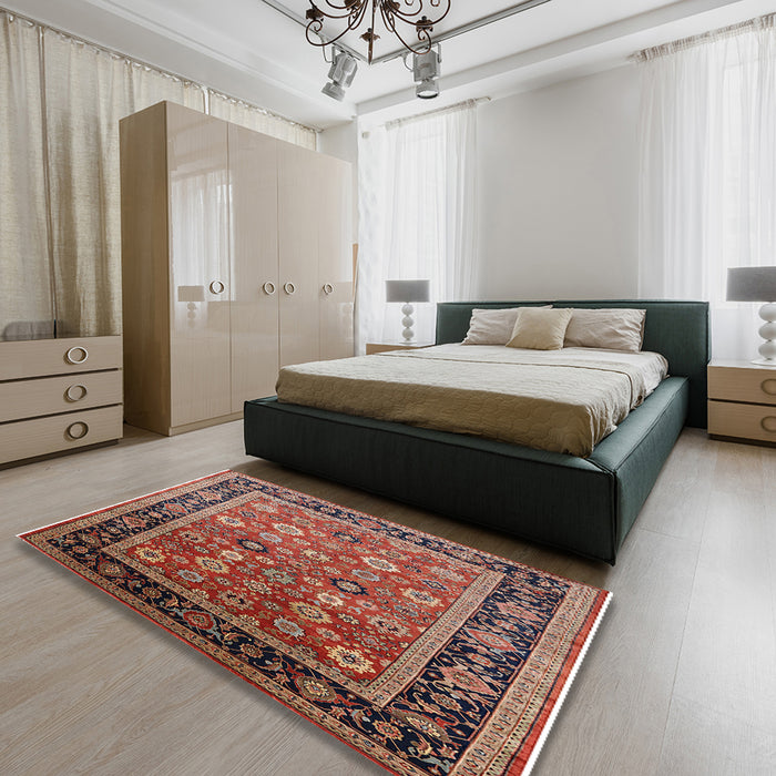 Mid-Century Modern Saffron Red Oriental Rug in a Bedroom, urb2637