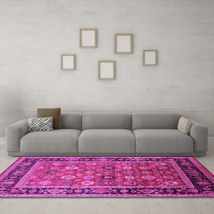 Machine Washable Oriental Pink Industrial Rug in a Living Room, wshurb2637pnk