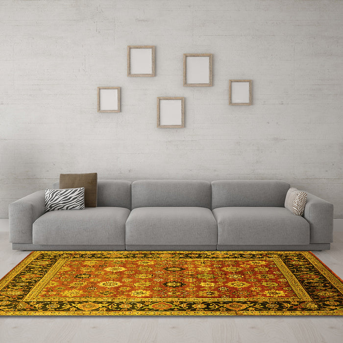 Machine Washable Oriental Yellow Industrial Rug in a Living Room, wshurb2637yw