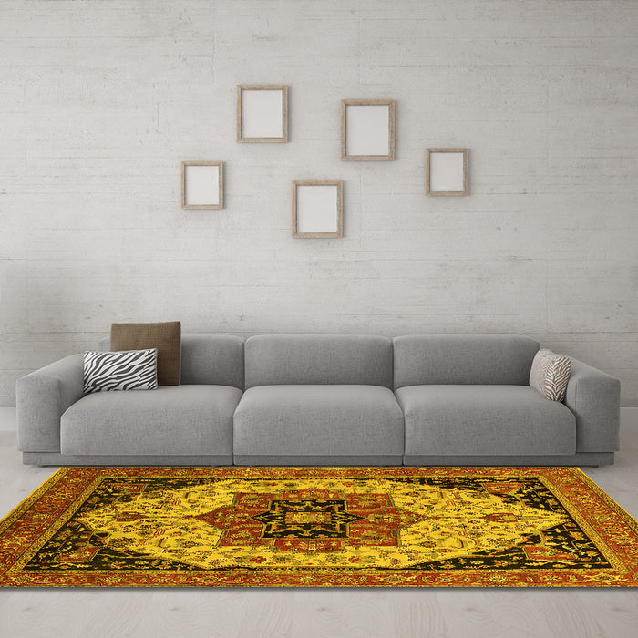 Machine Washable Oriental Yellow Industrial Rug in a Living Room, wshurb2638yw