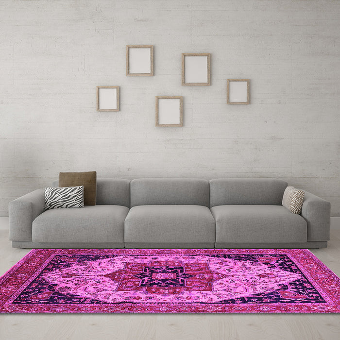 Machine Washable Oriental Pink Industrial Rug in a Living Room, wshurb2638pnk