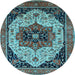 Round Machine Washable Oriental Light Blue Industrial Rug, wshurb2638lblu