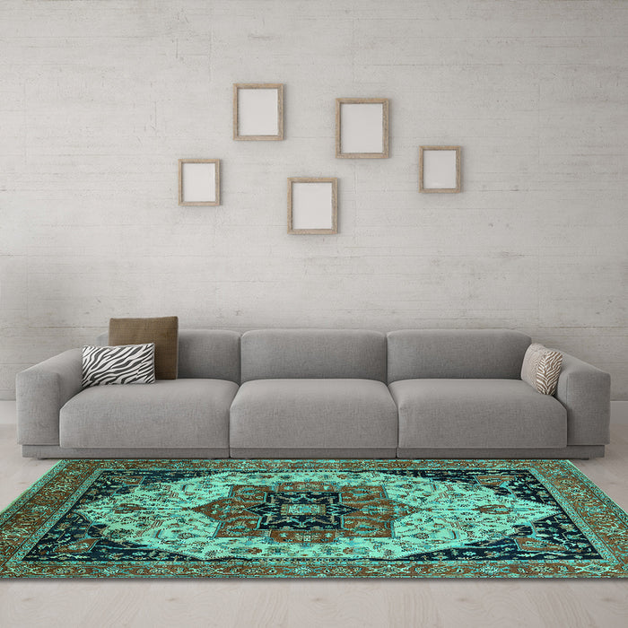 Machine Washable Oriental Turquoise Industrial Area Rugs in a Living Room,, wshurb2638turq