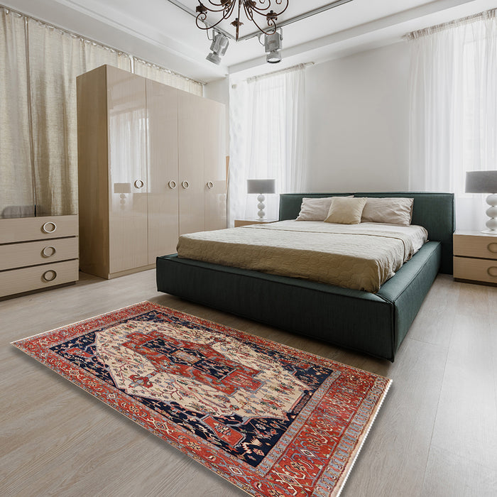 Mid-Century Modern Camel Brown Oriental Rug in a Bedroom, urb2638